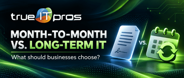 Month-to-month vs. long-term managed IT contracts comparison for Atlanta small businesses evaluating flexible IT support agreements.