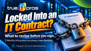 Atlanta small business owner reviewing a managed IT services contract with flexible monthly billing and no annual commitment.